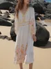 Vestidos casuais gypsylady floral bordado boho vestido algodão linho v-pescoço manga longa vocação praia branco mulheres senhoras vestidos