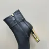 Delfina Black Genuine leather high-heeled Ankle Boots women designer block Heel with cut-out detail and gold-coloured metal motif shoes top quality factory footwear