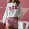 Valentine's Day sportswear women's XOXO hoodie Rhinestone letter embroidered round neck long sleeved crop top y2k clothing 240118