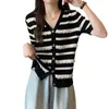 Kvinnors stickor Summer Slim Sticke Cardigan Women Sexig V-ringning Kort ärm Singel Breasted Lace Top Korean Fashion Stripe Elegant Tops Kvinna