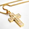 Hip Hop – pendentif grande croix glacée pour hommes, collier chrétien en or jaune 14k, zircone cubique, bijoux religieux