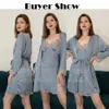 Primavera Estate 5 PZ PIGIAMA SET Sexy Lace Trim Accappatoio Camicia da notte Femminile Raso Cami Pigiama Abito Allentato Abiti per la casa Lounge wear 240118