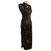 Vêtements ethniques Robe chinoise traditionnelle noire-rouge Femme Satin Long Halter Cheongsam Qipao Mujere Robe Fleur Taille S M L XL XXL XXXL