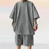 Fatos masculinos homens moda xadrez outfits primavera verão casual duas peças conjunto masculino manga curta o pescoço algodão camiseta e shorts ternos de praia