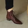 Boots 2024 Autumn/winter Genuine Leather Women Pointed Toe Chunky Heels For Versatile Lace Short Knight