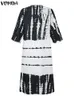 Bluzki damskie koszule 2023 Vonda Bohemian Women Summer Maxi Sundress Long Shirt Dress Deep V-Neck Printowane przyciski 3/4 Zimne ramię w rękawie