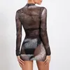 Casual Dresses Women Mini Bodycon Dress Glitter Print Mock Neck Long Sleeve Mesh Sheer Spring Fall Fashion Party Club