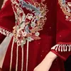 Ethnische Kleidung weinrot Qipao Mädchen Braut traditionelle chinesische Hochzeit Abend langes Kleid samt Stickerei Cheongsam Partykleider China