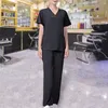 Women's Two Piece Pants 1 Set Nurses Work Uniform V-neck Anti-wrinkle Sweat Absorption Working Wear Summer Pet Dental Suit Beauty Salon