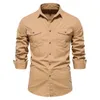 Camisas casuais masculinas primavera outono estilo militar camisa de bolso de algodão para homens cor sólida magro manga longa roupas