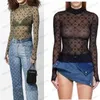 Women's T-Shirt TAFN Moon Flocked Printed Turtleneck Base Mesh Long-Sleeved Top 2023 Lady Sexy Slim-Fit See-through T-shirt T240118