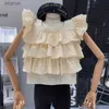 Women's Blouses Shirts French Layered Ruffled Sleeveless Chiffon Shirt Sexy Crop Top Square Collar Cake Plaid Blouse Retro Blusas Mujer Slim YQ240118