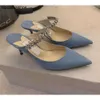 JC Jimmynessità Choo 2021s Luxury 65mm Scarpe Lady Bing Sandal Designer Blue Suede Leather Pompe in pelle in pelle scamosciata con cinghia di cristallo Slippista del tallone J-M 35-43