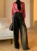 Women's Pants Fashionable Red Retro PU Leather For Autumn 2024 High Waisted Wide Leg Casual Straight Mop