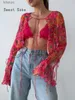 Damen-Blusen, Hemden, Y2K, sexy Damen-T-Shirts, Schnür-Flare-Ärmel, durchsichtige Strickjacke, aushöhlen, tiefer V-Ausschnitt, bauchfreie Tops, Vintage-Strand-Party-Outfit, YQ240118