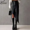 Skirts Oymimi Fashion Black Pu Leather Women's Skirt Elegant High Waisted Asymmetrical Casual Straight Mid-Calf Female