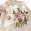 Wallets Women's Embroidered Flower Pattern Drawstring Bag National Style Small Bucket Handle Ladies Handbag Phone Purse