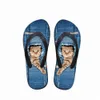 Anpassad söt husdjur denim katt tryckt kvinnor tofflor sommar strand gummi flip flops mode flickor cowboy blå sandaler skor x2he#