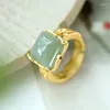 Cluster Rings Three-dimensional Design Natural Hetian Jade Square Open Ring Chinese Style Pattern Craft Light Luxury Women's Silver Jewelry