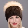 ヨーロッパとアメリカンの冬のミンクニット帽子の女性の真の毛皮の髪が厚くなった暖かい耳の保護