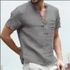 QNPQYX Nouveau T-shirt pour hommes Col en V design à simple boutonnage T-shirt pour hommes Mode décontractée Coton et lin Respirant Chemise de couleur unie Homme