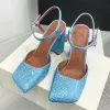 AMINA MUADDI SANDALS Kvinnor Designers Shoes Luxury Rhinestone Satin Chunky Heel Shoe Quality Crystal Bling Bling 9,5 cm High Heeled Dinner Party Designer Sandal