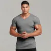 Camiseta masculina marca casual moda respirável masculino curto legal camiseta de fitness verão manga algodão com decote em v camiseta de malha