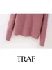 여자 스웨터 가을 알파카 혼합 니트 풀오버 레트로 긴 슬리브 슬림 v 짧은 분홍색 자르기 탑