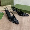 2024 Neue Abendschuhe, Slingback-High-Heels, Schnürschuhe, flach geschnittene Schuhe, Sandalen, mittlerer Absatz, schwarzes Mesh mit Kristallen, glitzernde Druckschuhe, Gummi-Leder, Knöchelriemen, 54