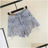 Women'S Jeans Womens Heavy Rhinestone Fringed Hole Shorts Female High Waist Summer Fashion Wide Leg Denim Drop Delivery Apparel Cloth Dh5Fm