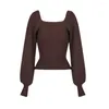 Kvinnors tröjor 2024 Fall Winter Brown Retro Romantic Puff Long Sleeve Ribbed Sticked tröja T-shirt damer toppar