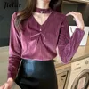 Blouses Femme Chemises Jielur printemps col en v chemises en velours mode chemisiers de couleur unie pour femmes chemise à manches longues bureau dame kaki rouge bleu haut S-2XL YQ240119