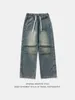 Herenbroek Han Lu Retro Distressed Washed Jeans Lente/zomer Parachutist Dubbel geplooid Japans trekkoord