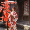 Etnik Giyim Japon Kimono Kırmızı Çiçek Japonyayukata Yenilik Gece Elbisesi Cosplay Kostüm