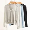 Women's Blouses Ice Silk Knitted Shirt Thin Style Outwear Sunscreen Cardigan Short Long Sleeve V-Neck Top