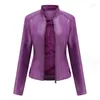 Jaqueta de couro falso feminino 2024 outono primavera moto biker zíper casaco outerwear marrom roxo