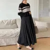 Casual Dresses SuperAen Korean Style Autumn O-neck Stitching Knitting Stripe Design Loose Waist Pleated Dress Fashion Pullover