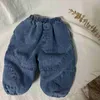 Trousers 2023 Winter New Baby Plus Velvet Thick Denim Trousers Infant Girls Casual Pants Toddler Boys Windproof Jeans Kids Warm Clothes H240508