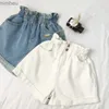 Kvinnors shorts 2023 sommaren hög midja denim shorts kvinnor casual lossa damer mode upp hem elastisk midja ficka blå vit jeans femalel240119