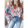 Blusas femininas outono moda lanterna impressa manga comprida com decote em v solto topo casual e confortável camisa de manga bolha