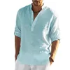 Camisas masculinas de linho manga longa camiseta com decote em v botões meia carcela camisa solta algodão plus size roupas masculinas ropa hombre