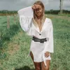 Kvinnors badkläder Boho Beach Wear Casual 2-stycken Bikini Cover-ups Passar Kvinnor Set Tassel Långärmad Crop Top Sides delad stickad kjoldräkter