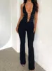 Kvinnors jumpsuits Chronstyle Women Deep V-Neck Halter Criss-Cross Lace-up Backless Rompers Off Shoulder Playsuits Long Flare Pants 2024