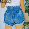 Kvinnors shorts 2022 sommar hög midja denim shorts kvinnor casual lossa damer mode upp hem elastisk midjebälte blå ficka jeans femalel240119