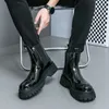 Elastic Band Chelsea Boots Men Thick Soled Round Toe Business Suit Leather Boots Retro British High Top Men Boots