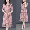 Kleid 2022 Rosa Druck Natürliche Seide Midi Kleid Sommer Neue Elegante Lose Taille Plus Größe Kleid Frauen Koreanische Vintage Casaul party Kleid