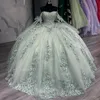 Vert clair brillant Quinceanera robe dentelle mexicaine 3D perles de fleurs gonflées robes de bal Applique dentelle Tull doux 16 robes De 15 Anos