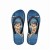 Personnalisé Mignon Pet Denim Cat Imprimé Femmes Pantoufles Summer Beach Caoutchouc Tongs Mode Filles Cowboy Bleu Sandales Chaussures Y5U0 #