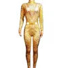 Stage Wear Shining Gold Diamonds Long Sleeve Women Jumpsuits Stretch Tight Pole Dancing Costumes Nightclub Bar Singer Show