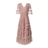 2024 Spring Pink Solid Color Panel Dress Kort ärm V-ringning Tulle Long Maxi Casual Dresses A4J191359
